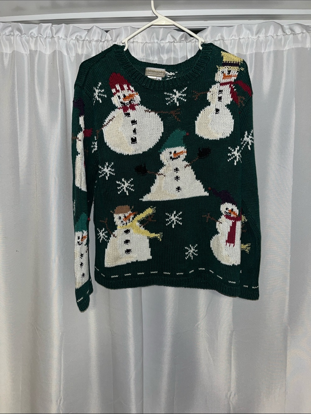 Coldwater Creek Dark Green Snowman Crewneck Sweater with White Motifs